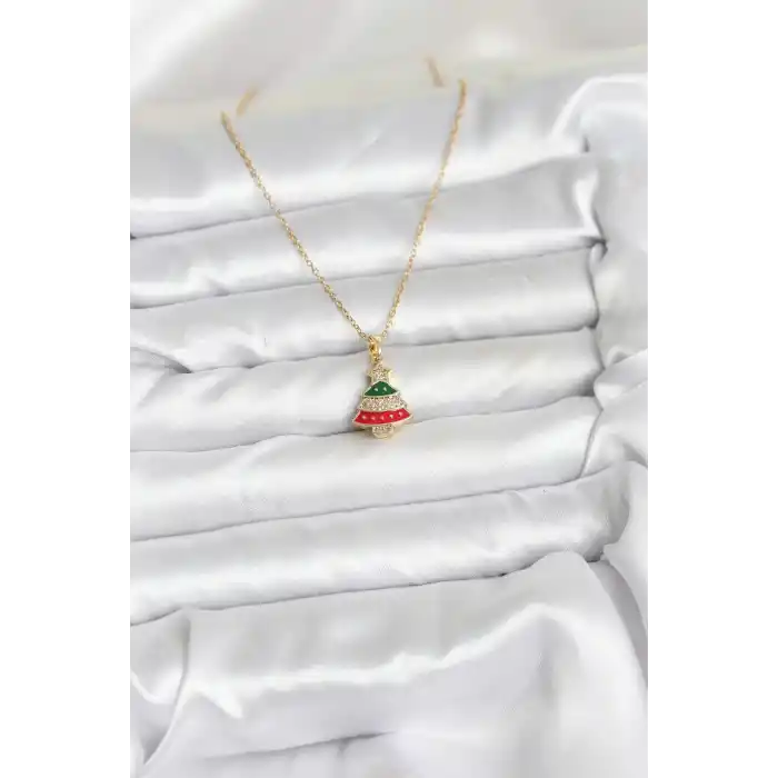 316L Çelik Zincir Gold Ren Çam Ağacı Model Zirkon Taşlı Yılbaşı Temalı Kadın Kolye