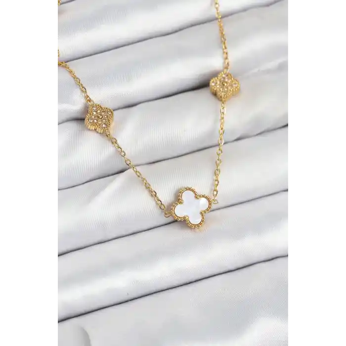 316L Çelik Zincir Gold Renk Beyaz ve Zirkon Taşlı Yonca Kadın Kolye