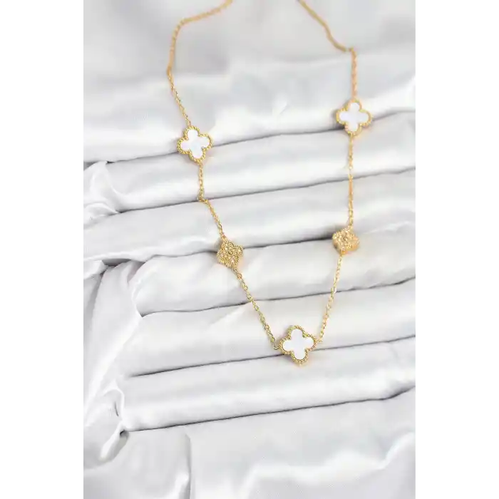 316L Çelik Zincir Gold Renk Beyaz ve Zirkon Taşlı Yonca Kadın Kolye