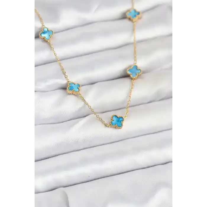 316L Çelik Zincir Gold Renk Buz Mavisi Baby Boy Yonca Kadın Kolye