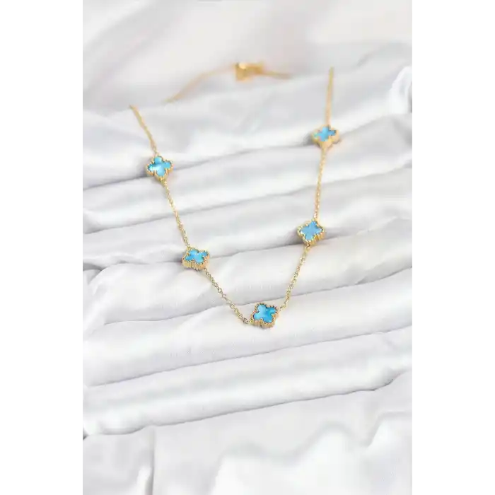 316L Çelik Zincir Gold Renk Buz Mavisi Baby Boy Yonca Kadın Kolye