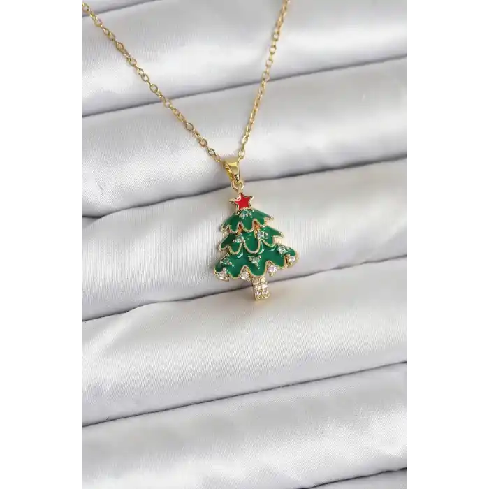 316L Çelik Zincir Gold Renk Çam Ağacı Model Yılbaşı Temalı Kadın Kolye