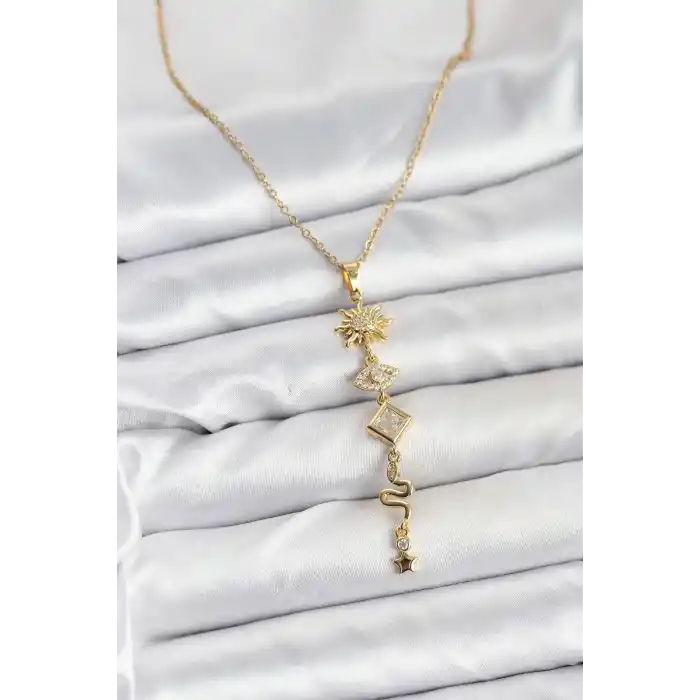 316L Çelik Zincir Gold Renk Güneş ve Enerji Model Kadın Y Kolye