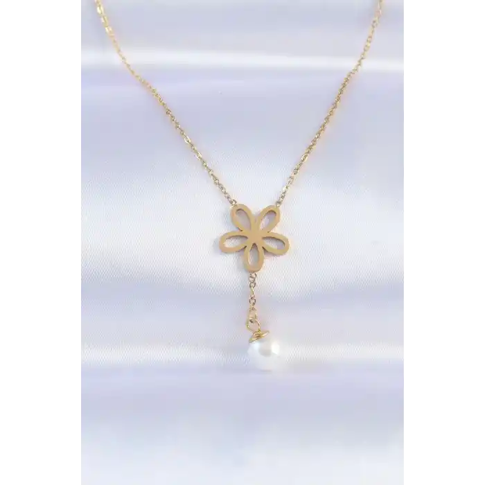 316L Çelik Zincir Gold Renk İnci Detay Çiçek Kolye