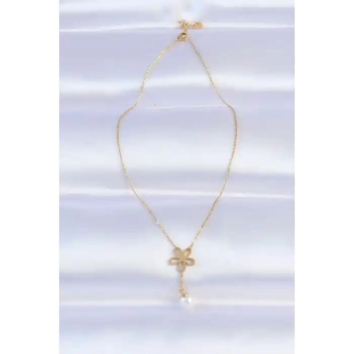 316L Çelik Zincir Gold Renk İnci Detay Çiçek Kolye