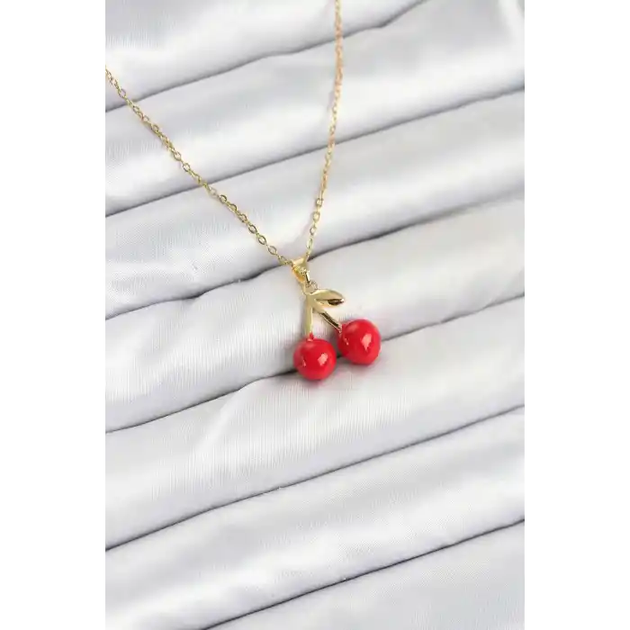 316L Çelik Zincir Gold Renk Kiraz Model Kadın Kolye