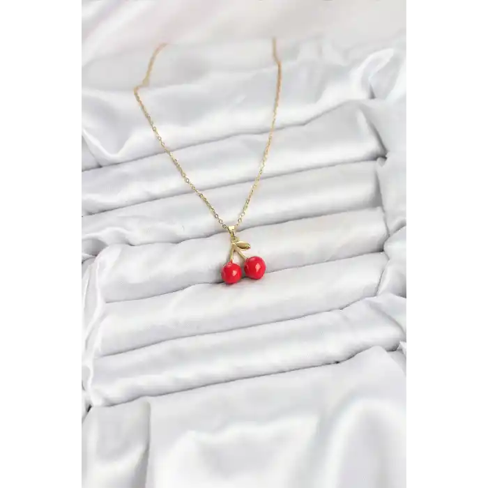 316L Çelik Zincir Gold Renk Kiraz Model Kadın Kolye