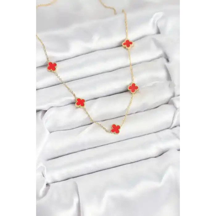 316L Çelik Zincir Gold Renk Kırmızı Baby Boy Yonca Kadın Kolye