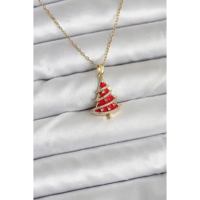 316L Çelik Zincir Gold Renk Kırmızı Çam Ağacı Model Yılbaşı Temalı Kadın Kolye