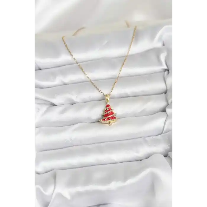 316L Çelik Zincir Gold Renk Kırmızı Çam Ağacı Model Yılbaşı Temalı Kadın Kolye