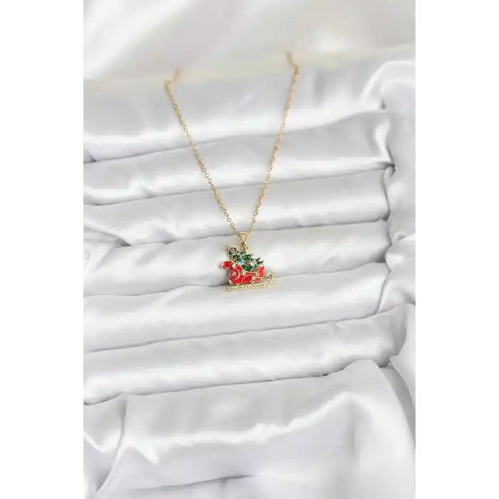316L Çelik Zincir Gold Renk Kızak ve Çam Ağacı Figürlü Yılbaşı Temalı Kadın Kolye