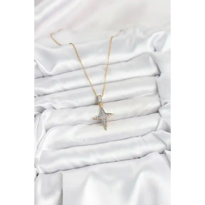316L Çelik Zincir Gold Renk Kutup Yıldızı Model Zirkon Taşlı Kadın Kolye