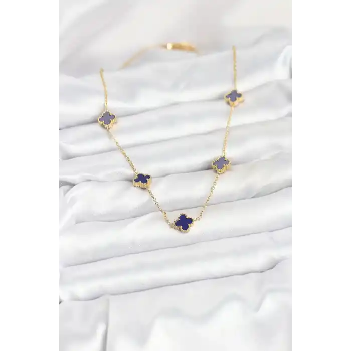 316L Çelik Zincir Gold Renk Lacivert Baby Boy Yonca Kadın Kolye