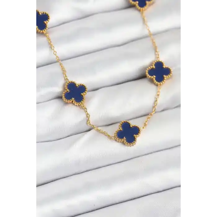 316L Çelik Zincir Gold Renk Lacivert Yonca Kadın Kolye