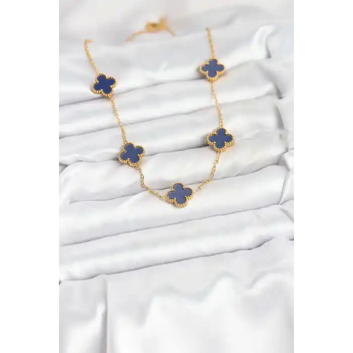 316L Çelik Zincir Gold Renk Lacivert Yonca Kadın Kolye