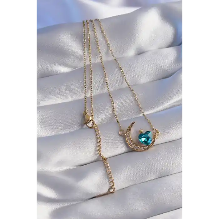 316L Çelik Zincir Gold Renk Mavi Zirkon Taşlı Ay Tasarımlı Kolye