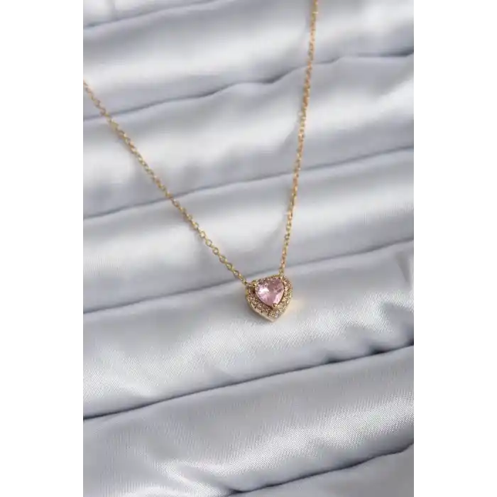 316L Çelik Zincir Gold Renk Pembe Zirkon Taşlı Charm Kadın Kolye