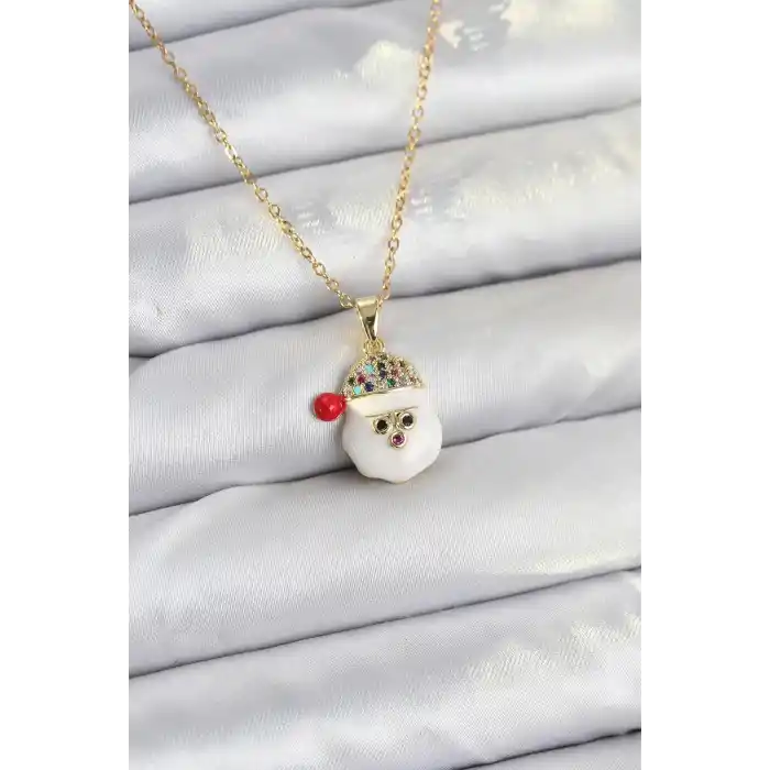 316L Çelik Zincir Gold Renk Şapkalı Kardan Adam Kafası Model Yılbaşı Temalı Kadın Kolye