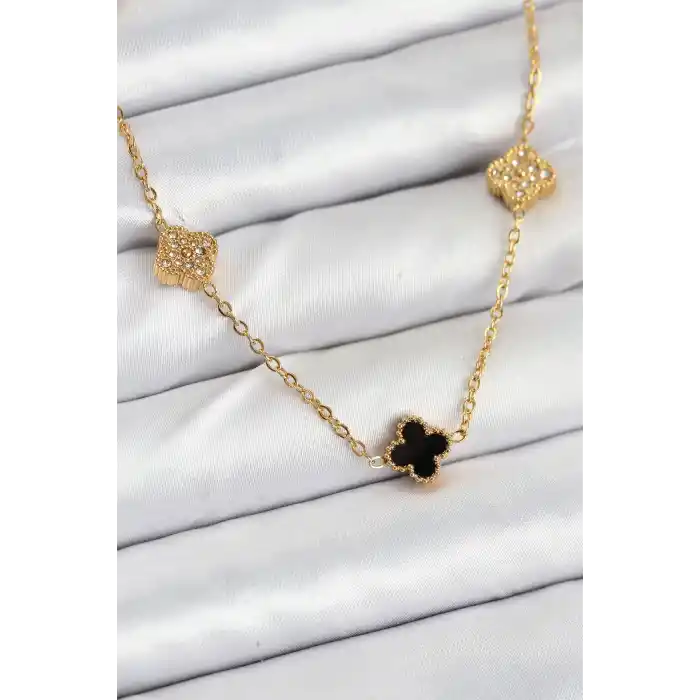 316L Çelik Zincir Gold Renk Siyah ve Zirkon Taşlı Baby Boy Yonca Kadın Kolye
