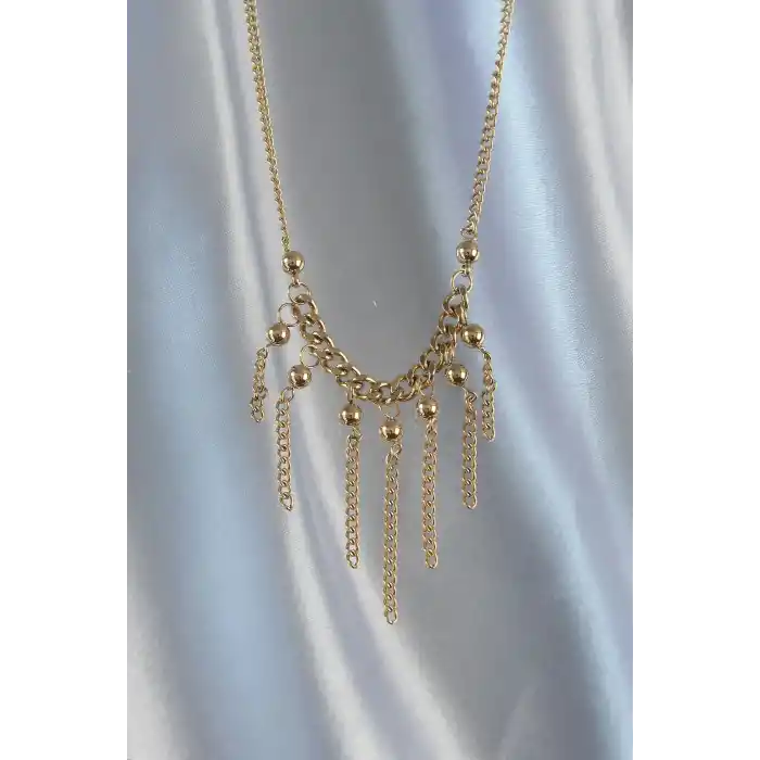 316L Çelik Zincir Gold Renk Topçuk Detay Sallantılı Zincir Kolye
