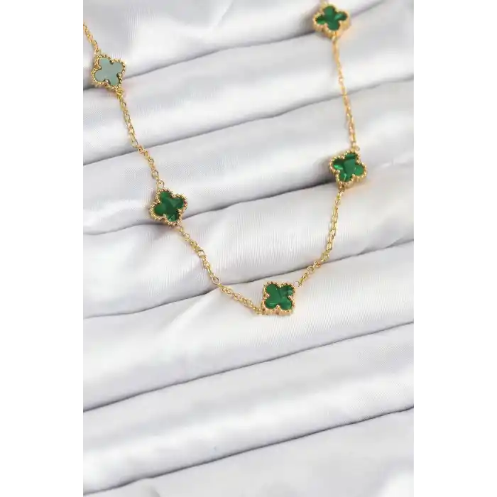 316L Çelik Zincir Gold Renk Yeşil Baby Boy Yonca Kadın Kolye
