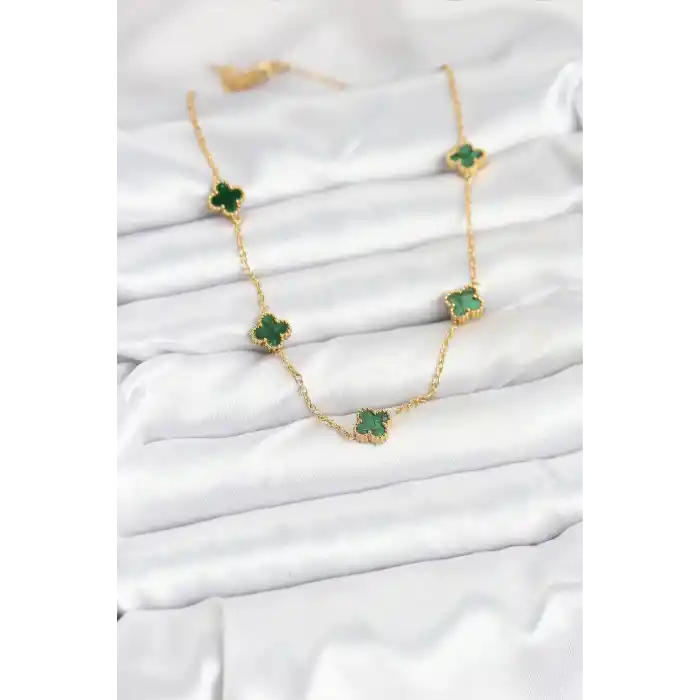 316L Çelik Zincir Gold Renk Yeşil Baby Boy Yonca Kadın Kolye
