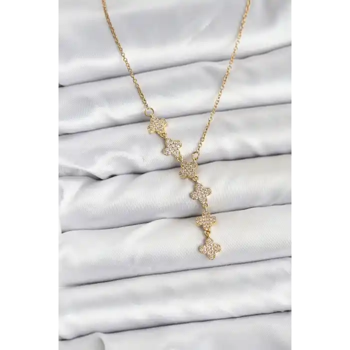 316L Çelik Zincir Gold Renk Yonca Model Kadın Kolye