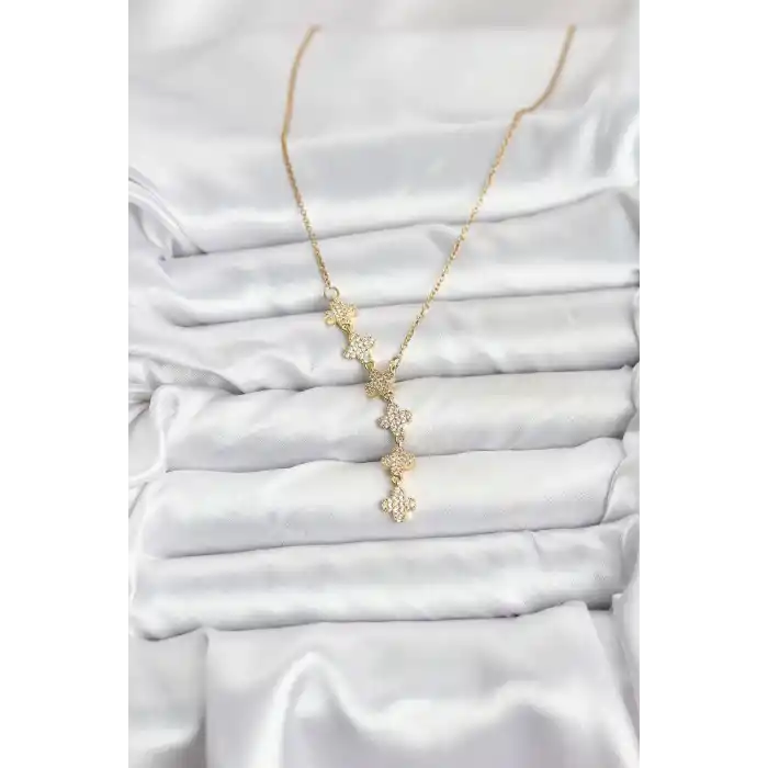 316L Çelik Zincir Gold Renk Yonca Model Kadın Kolye