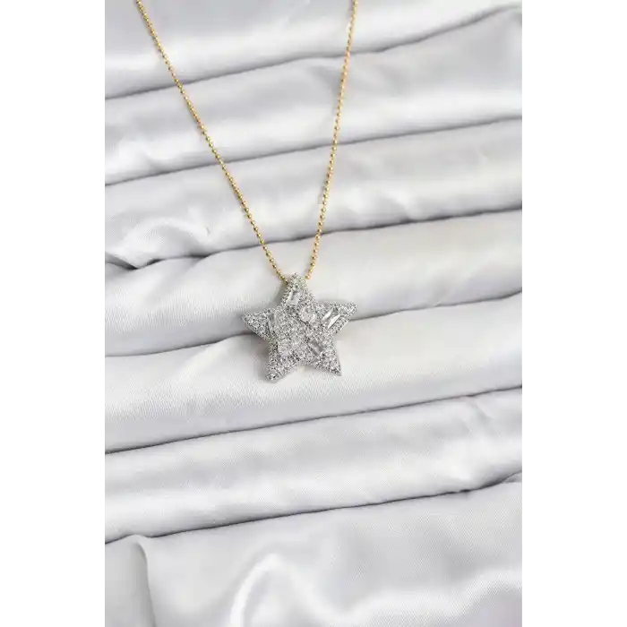 316L Çelik Zincir Gold Renk Zincirli Gümüş Yıldız Model Kadın Kolye