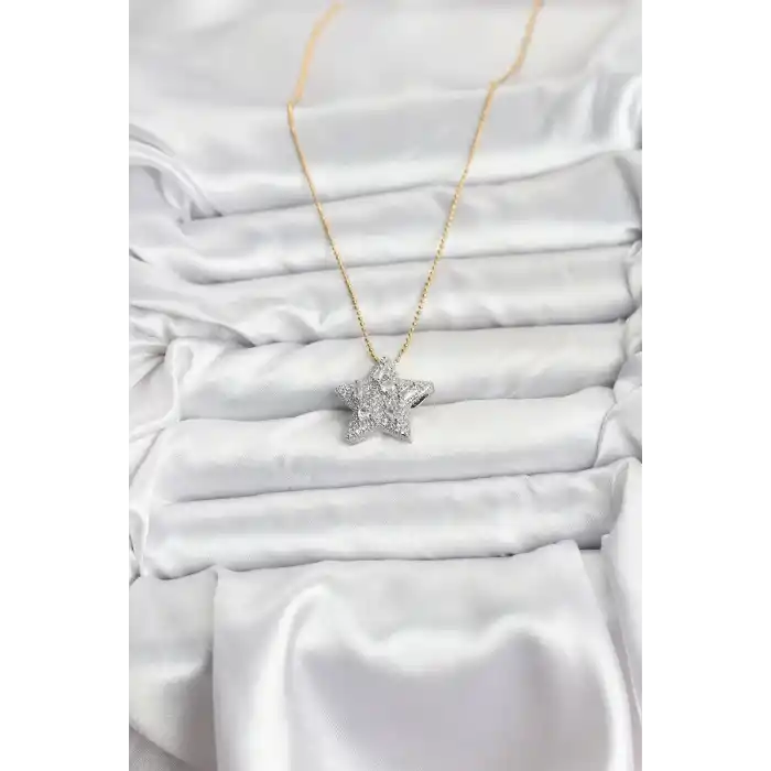 316L Çelik Zincir Gold Renk Zincirli Gümüş Yıldız Model Kadın Kolye