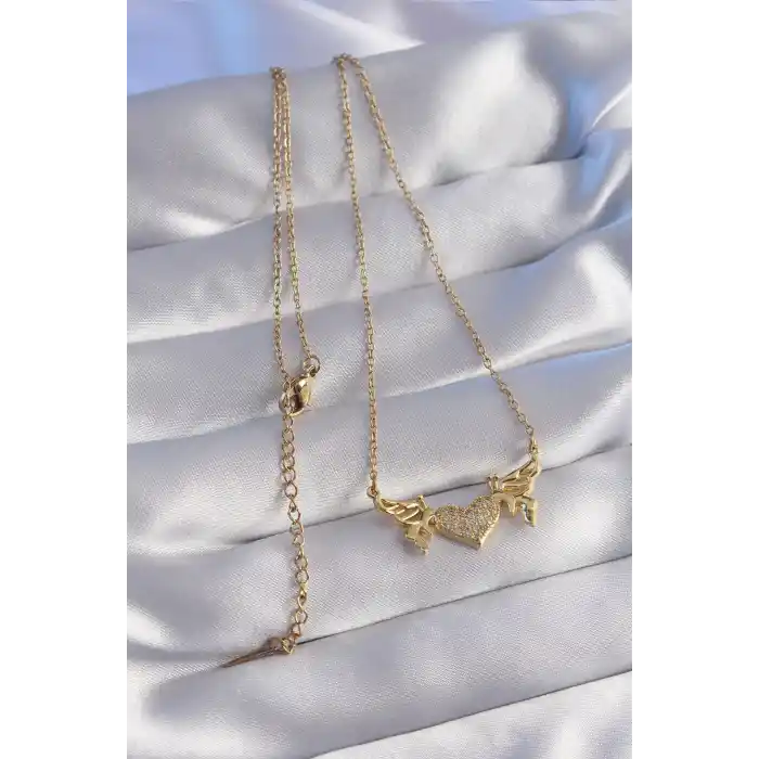 316L Çelik Zincir Gold Renk Zirkon Taşlı Kalp Model Kelebek Detay Kolye