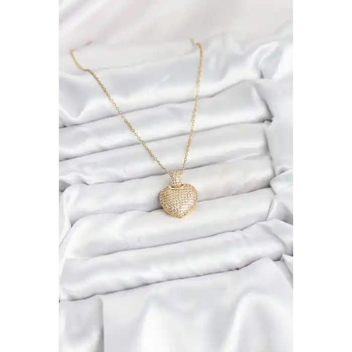 316L Çelik Zincir Gold Renk Zirkon Taşlı Kalpli Kadın Kolye