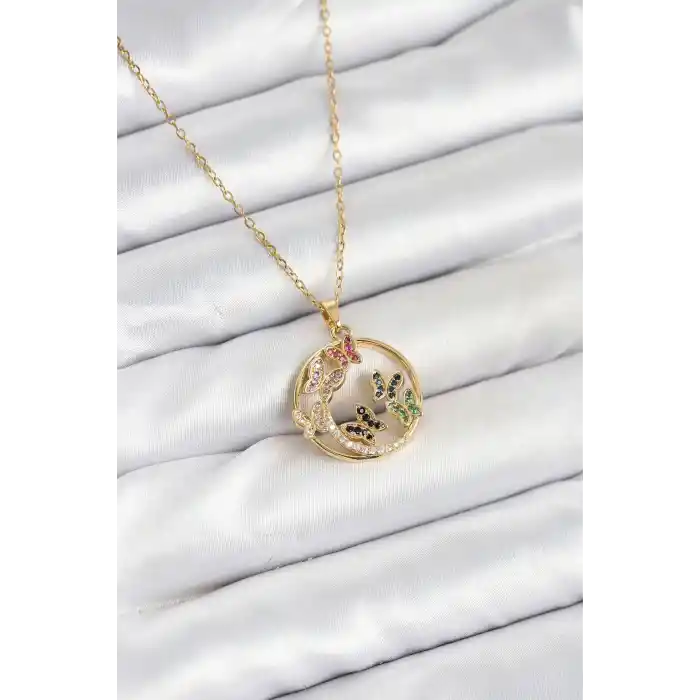 316L Çelik Zincir Gold Renk Zirkon Taşlı Kelebekli Kadın Kolye