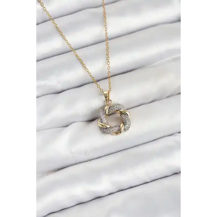 316L Çelik Zincir Gold Renk Zirkon Taşlı Sarmal Model Kadın Kolye