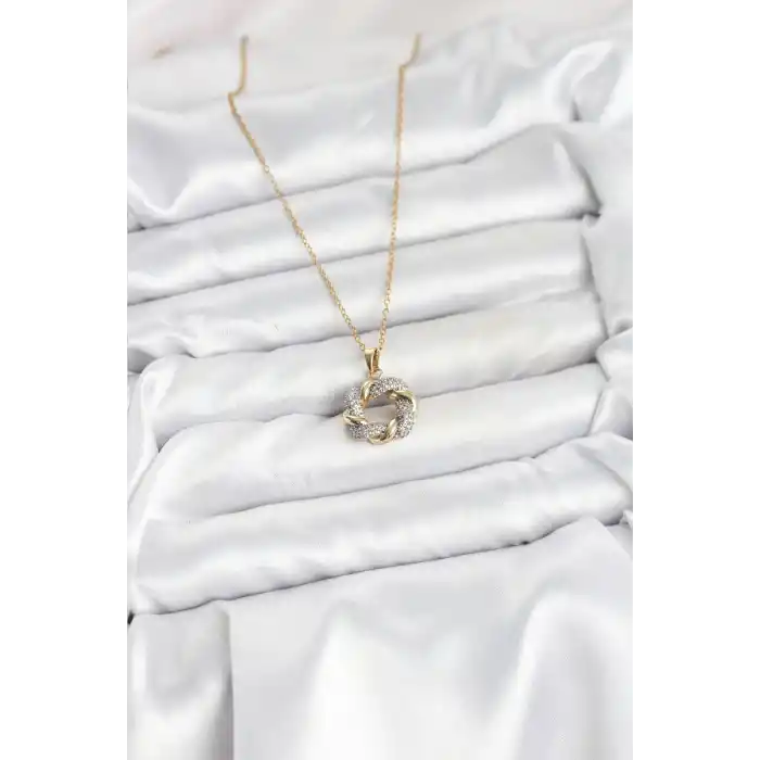 316L Çelik Zincir Gold Renk Zirkon Taşlı Sarmal Model Kadın Kolye