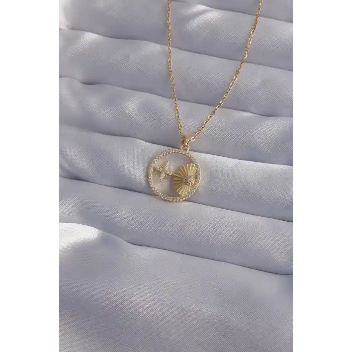 316L Çelik Zincir Gold Renk Zirkon Taşlı Yıldız Figürlü Oval Kolye