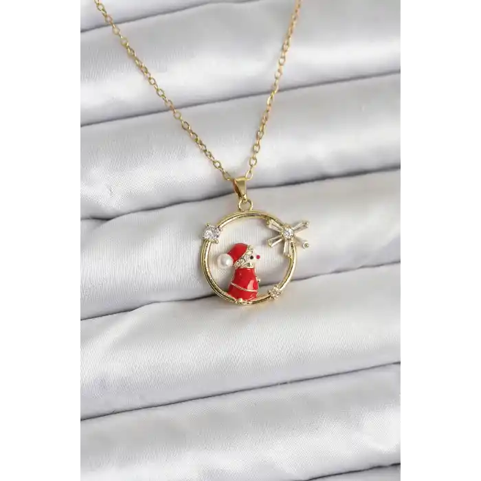 316L Çelik Zincir Gold Zirkon Taşlı Yılbaşı Tema Kadın Kolye