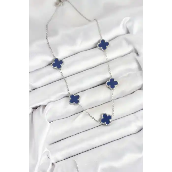 316L Çelik Zincir Gümüş Lacivert Renk Yonca Kadın Kolye