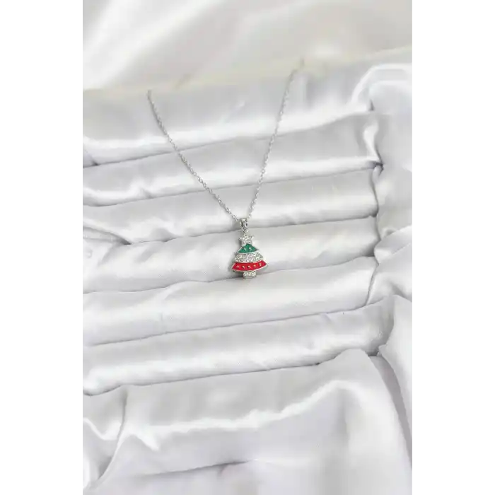 316L Çelik Zincir Gümüş Ren Çam Ağacı Model Zirkon Taşlı Yılbaşı Temalı Kadın Kolye