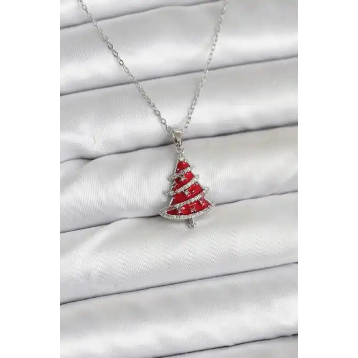316L Çelik Zincir Gümüş Renk Kırmızı Çam Ağacı Model Yılbaşı Temalı Kadın Kolye