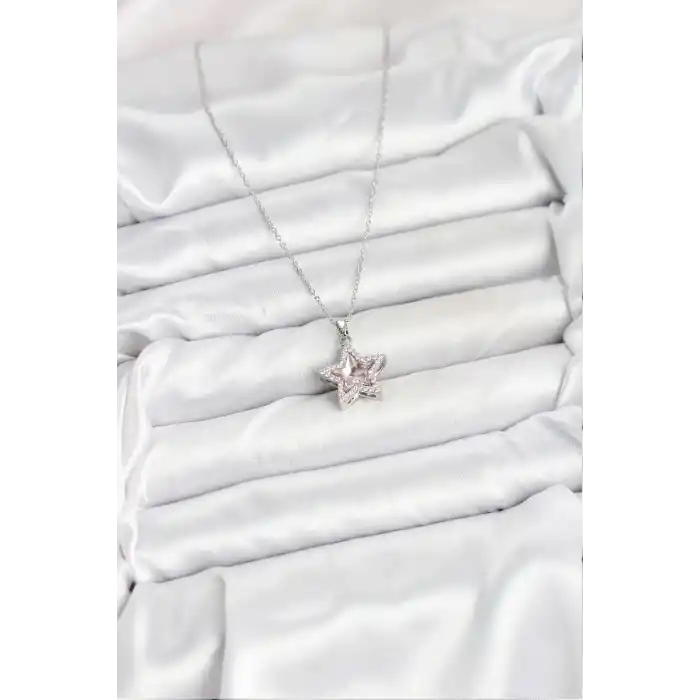 316L Çelik Zincir Gümüş Renk Pembe Taşlı Yıldız Model Kadın Kolye