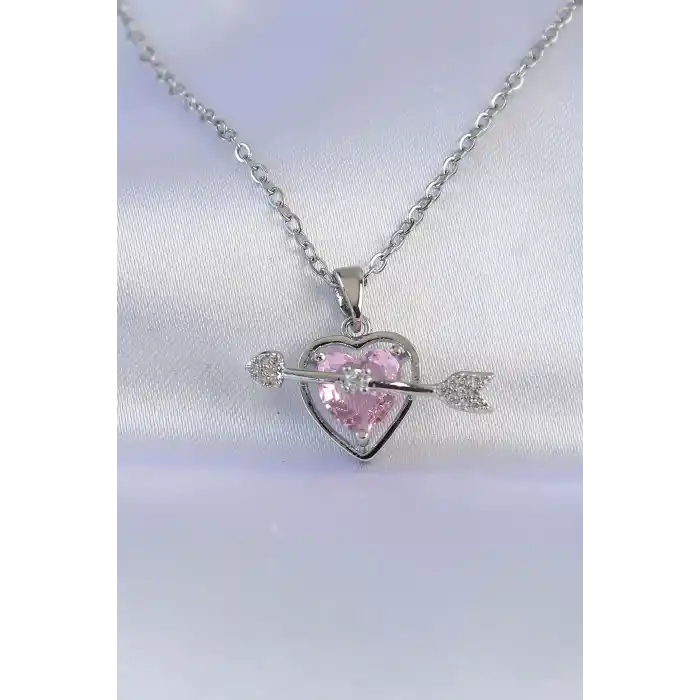 316L Çelik Zincir Gümüş Renk Pembe Zirkon Taşlı Eros Kolye