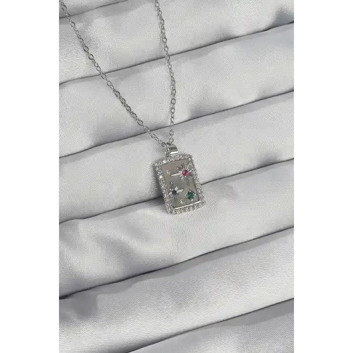 316L Çelik Zincir Gümüş Renk Renkli Zirkon Taşlı Vintage Kolye