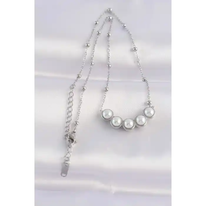 316L Çelik Zincir Gümüş Renk Sıralı İnci Taşlı Kolye