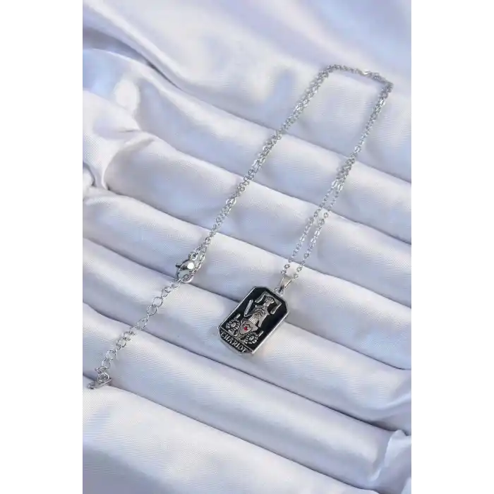 316L Çelik Zincir Gümüş Renk Siyah Mineli Tarot Kolye