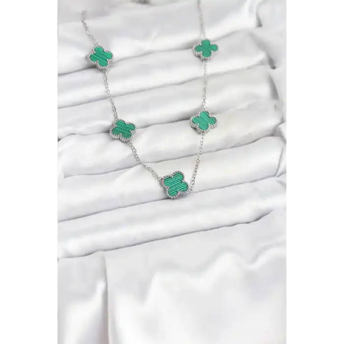 316L Çelik Zincir Gümüş Renk Yeşil Yonca Kadın Kolye