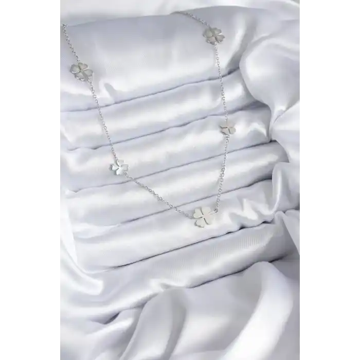 316L Çelik Zincir Gümüş Renk Yonca Model Kadın Kolye