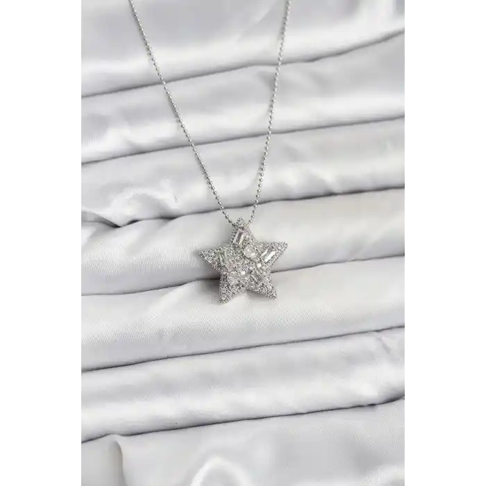 316L Çelik Zincir Gümüş Renk Zincirli Gümüş Yıldız Model Kadın Kolye