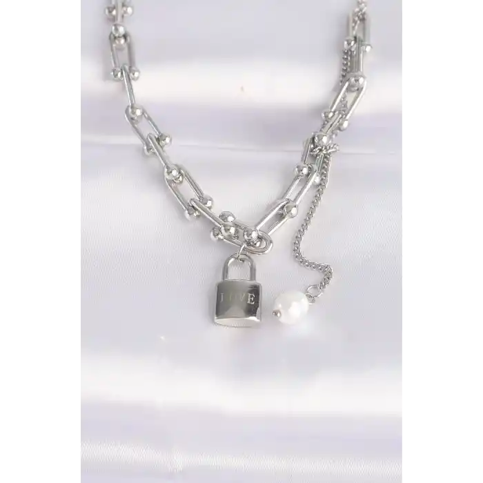 316L Çelik Zincir Gümüş Renk Zincirli Love Yazılı Kilit Kolye