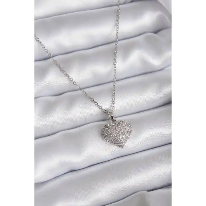 316L Çelik Zincir Gümüş Renk Zirkon Taş Detay Kalp Model Kadın Kolye
